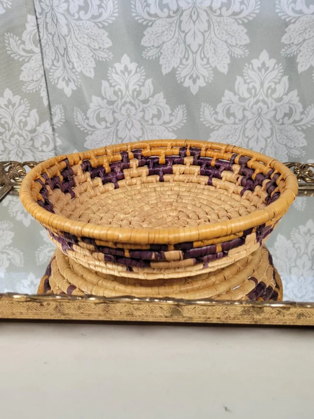 Vintage Open Coil Braided Woven Basket Southwestern Boho Steps Pattern Indigo Ye